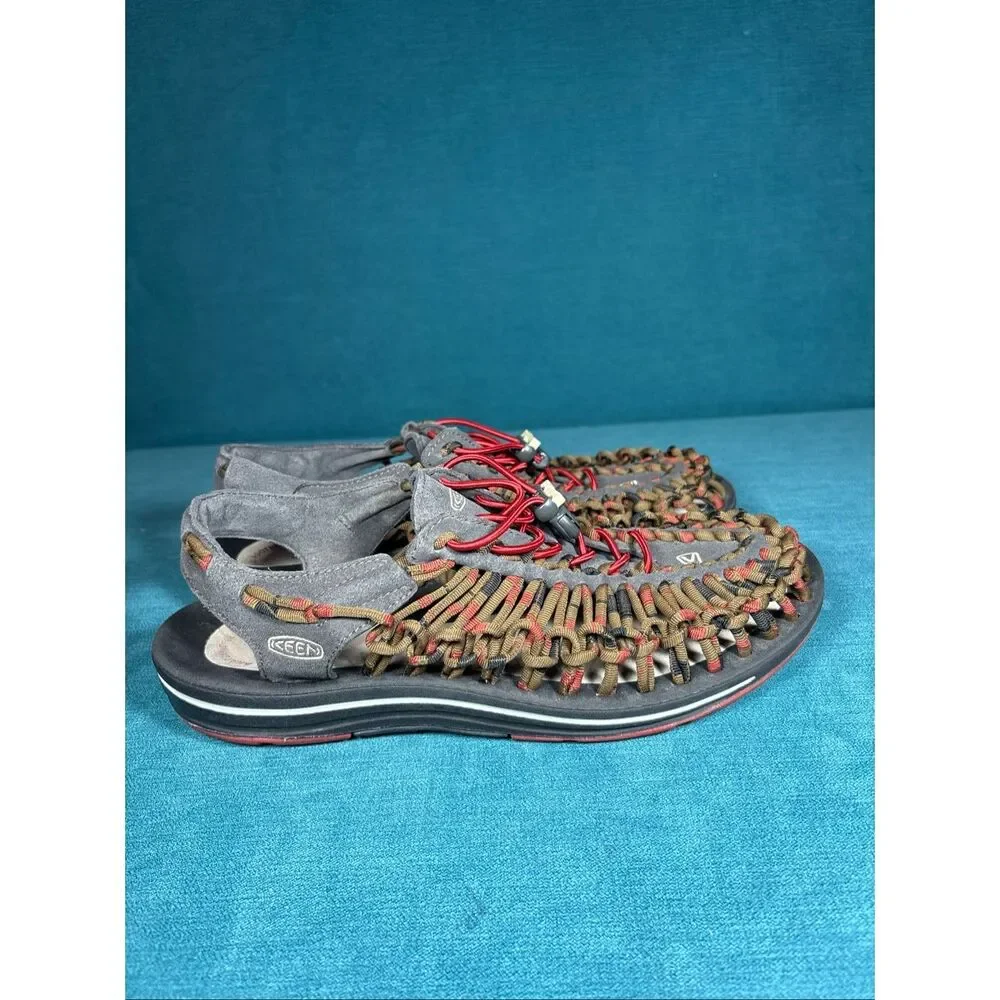 KEEN Uneek Sandals Mens Size 9.5 Grey Red Brown Cord Outdoor Shoes 1014620